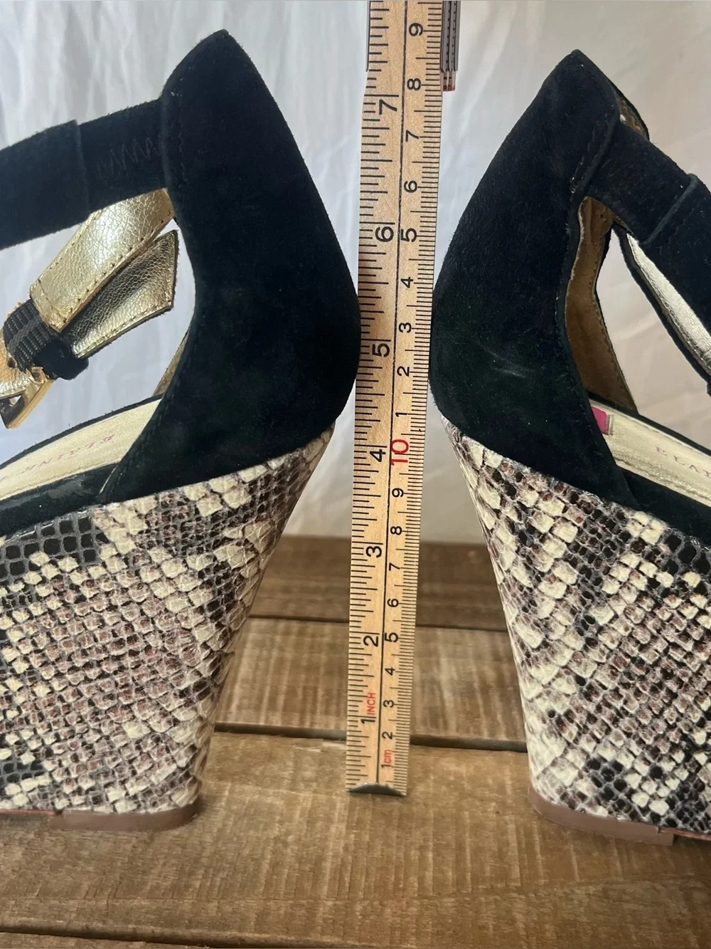 ELAINE TURNER TEGAN PLATFORM STRAPPY WEDGE SUEDE BLACK PYTHON Heel 10 mob wife